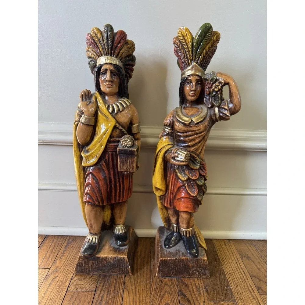 Vintage Chalkware Cigar Store Indian/Native American Warrior And Maiden 21